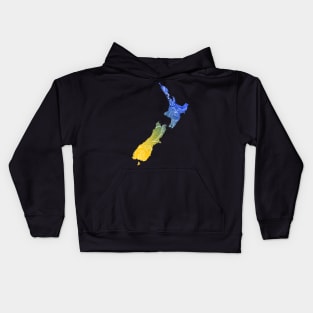 Colorful mandala art map of New Zealand with text in blue and yellow Kids Hoodie